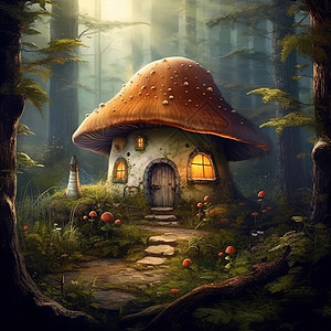 林中亮灯的蘑菇房背景图片