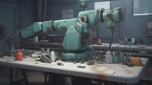 蓝白色机械手臂工作台背景图片