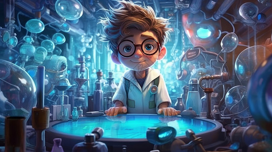 戴眼镜的卡通小男孩科学家背景图片