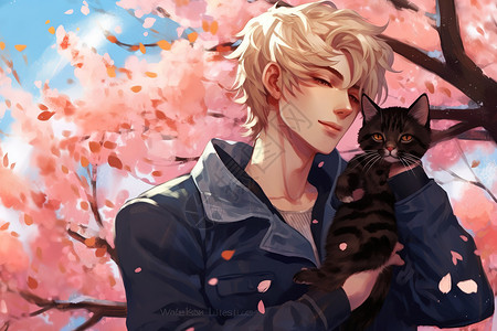二次元动漫樱花樱花树下帅气男子抱着黑猫插画