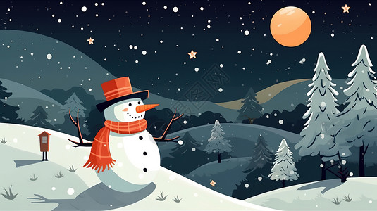 冬天月光的大雪人插图背景图片