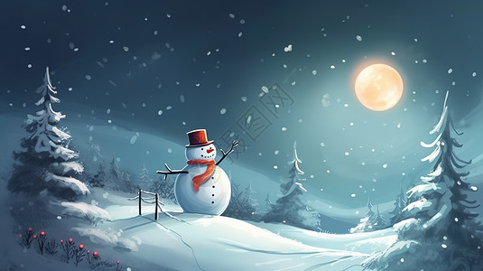 冬天月光下的大雪人插图背景图片