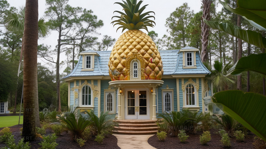 热带森林中一座房子菠萝水果形象图片