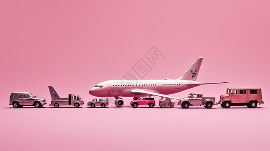 一架载客飞机和运输汽车模型插画
