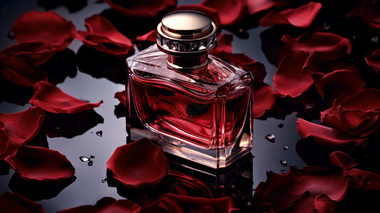 香水玫瑰透明玻璃香水瓶在红色玫瑰花瓣中插画
