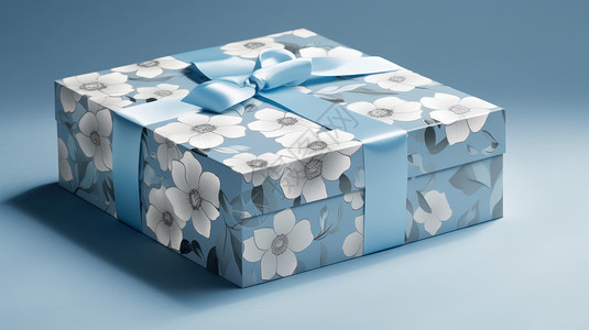 系着蓝色丝带的白色小花朵蓝色礼物盒图片