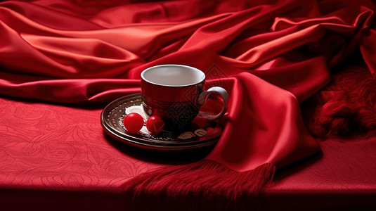 婚庆喜糖盒红色绸布旁边的杯子插画
