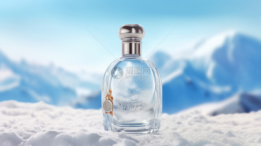 在雪中的透明玻璃瓶香水图片