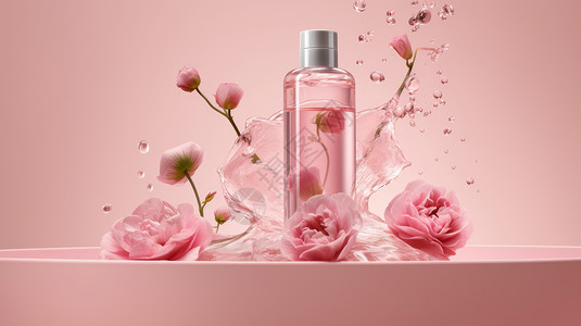 粉色鲜花与水包裹着粉色护肤品瓶高清图片