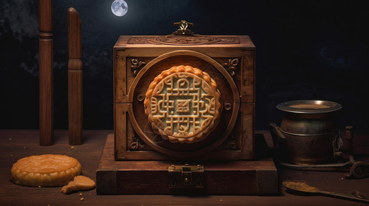 中式礼盒雕刻精美的木制月饼礼盒插画