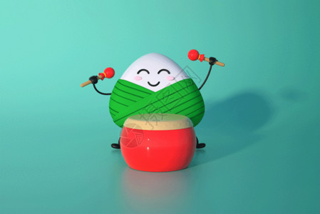 绿色小人创意C4D端午节可爱敲鼓的粽子小人GIF高清图片