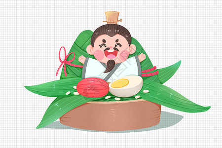 手绘端午节可爱卡通屈原甜粽与咸粽背景图片