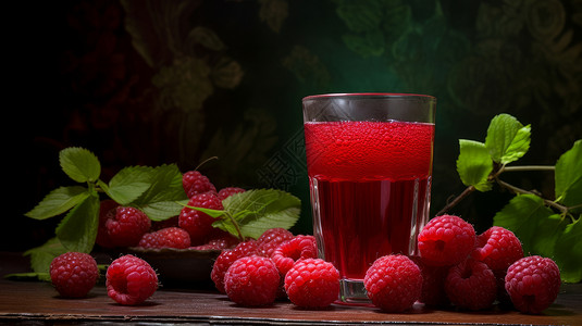 新鲜的覆盆子果实在桌子上透明杯子装满红色果汁高清图片