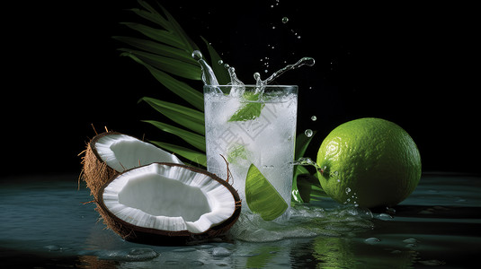 新鲜椰子与柠檬冰水背景图片