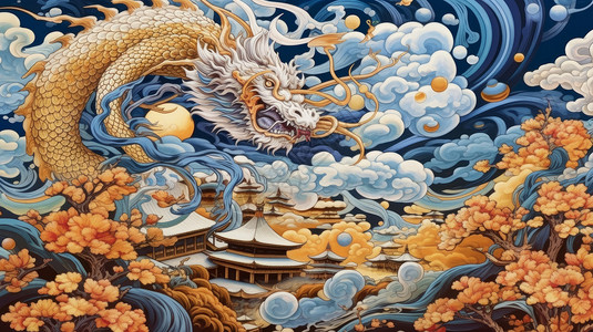 金色巨龙飞舞在古风建筑上空中国风中国龙高清图片素材