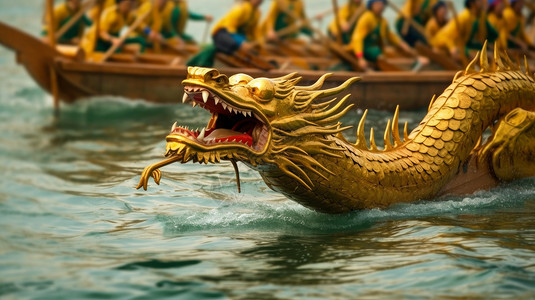 金色龙船头端午传统风习俗背景图片