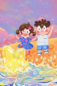 夏天夏季可爱情侣海边星星背景海报运营插画图片