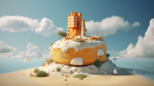 在沙滩上的梦幻卡通房子与小岛背景图片
