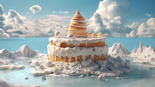 蓝天白云下巨大的奶油蛋糕岛梦幻立体卡通高清图片