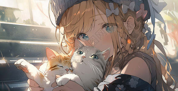 戴帽子的小女孩跟猫在玩耍背景图片