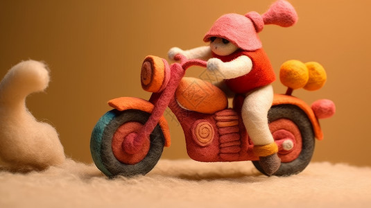 羊毛毡手工穿红色衣服卡通人物骑摩托车高清图片