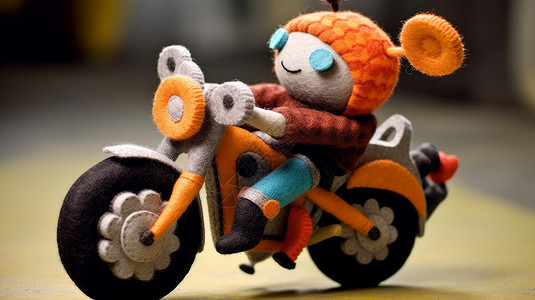 越野人物卡通人物骑着橙色摩托车羊毛毡手工插画