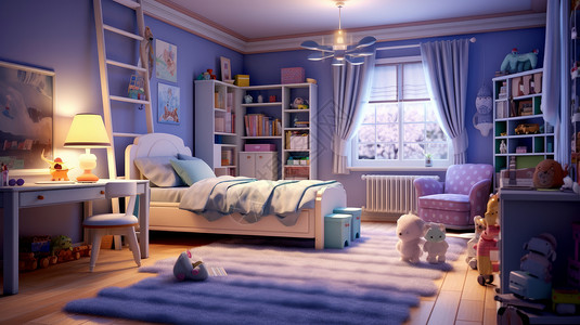 紫色地毯温馨的紫色主题大床有窗卧室插画