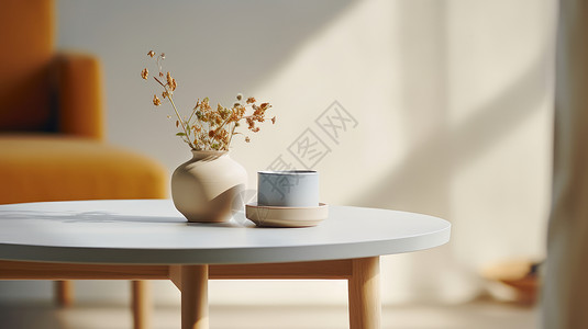白色客厅背景放在客厅木桌上简约的白色花瓶与干花插画