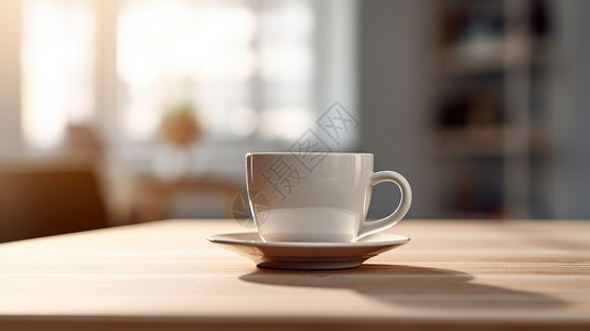 阳光下放在桌子上白色咖啡杯背景图片