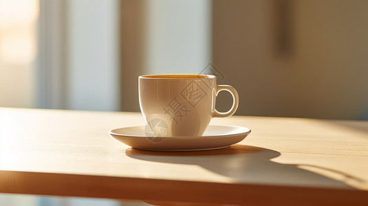 白色咖啡杯放在阳光照射的桌子上插画