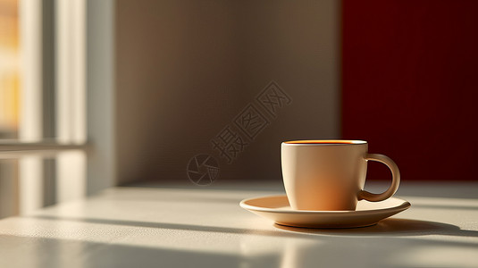 白色陶瓷杯放在阳光下的桌子上图片