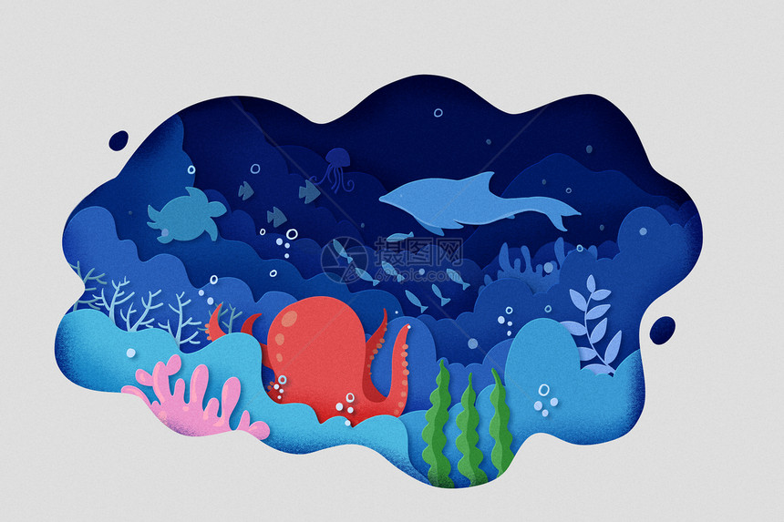 手绘剪纸世界海洋日海洋环保海底世界图片