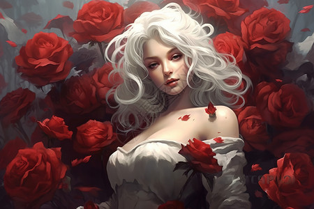 插画艺术白色头发的女孩红玫瑰背景背景图片