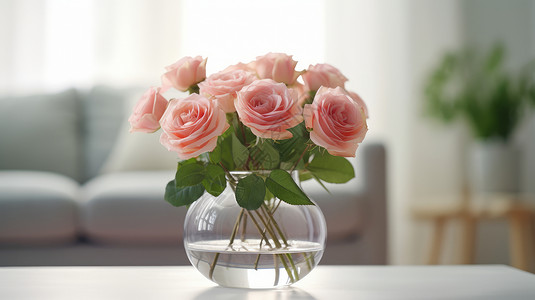 粉色玫瑰花放在透明玻璃花瓶中背景图片
