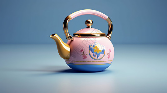 立体金属质感卡通花朵粉蓝撞色茶壶背景图片