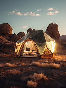 黄昏沙漠帐篷露营图片