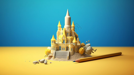 沙雕城堡立体卡通城堡与躺着的黄色铅笔插画