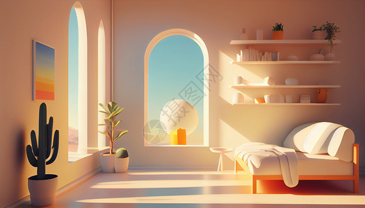 室内空间素材明亮的简约现代风卧室室内空间插画