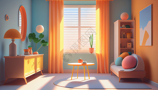 现代风室内蓝黄色明亮的儿童简约现代风卧室室内空间插画