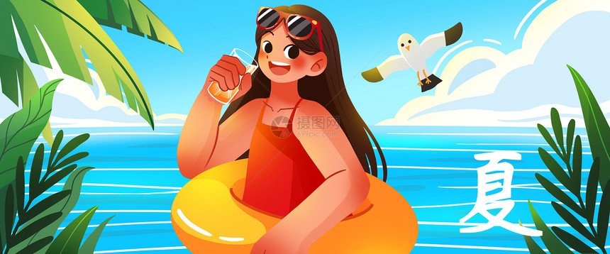 小暑节气海边的少女扁平风插画banner图片