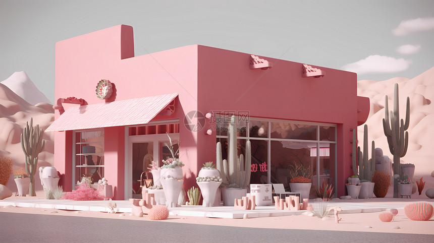 立体粉色清新可爱建筑风景模型场景图片