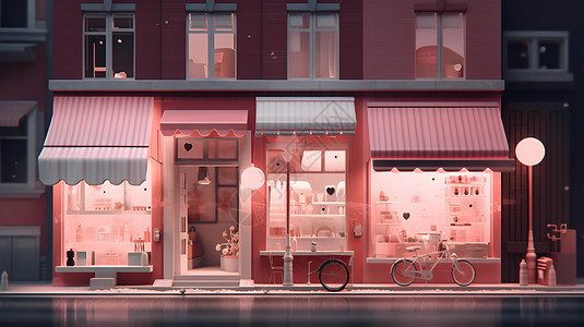 街道建筑粉色清新立体可爱风景模型场景背景图片