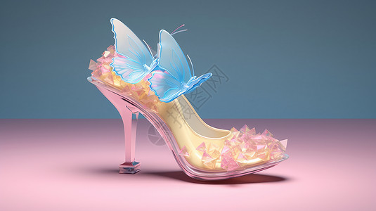 粉红色水晶蝴蝶卡通立体水晶鞋插画