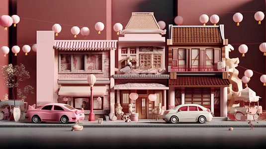 可爱街道粉色清新立体可爱建筑风景模型场景图片