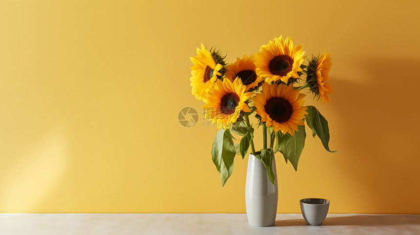 放在花瓶里的花束黄色背景图片