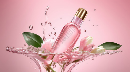 精华导入在花朵和水包围下的大瓶粉色瓶装爽肤水插画