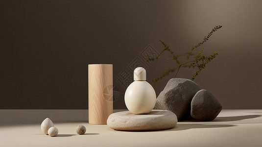 木头桌子在石头上优雅白色瓷瓶插画