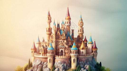 在山顶上的立体卡通彩色房顶城堡图片