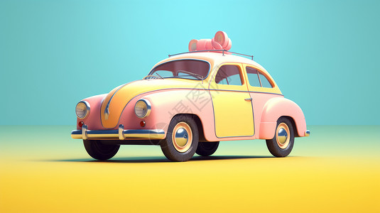 彩色小汽车戴蝴蝶结的粉色卡通玩具汽车插画
