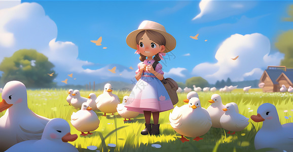 田园风可爱风儿童和小鸡清新3D立体夏天卡通人物图片